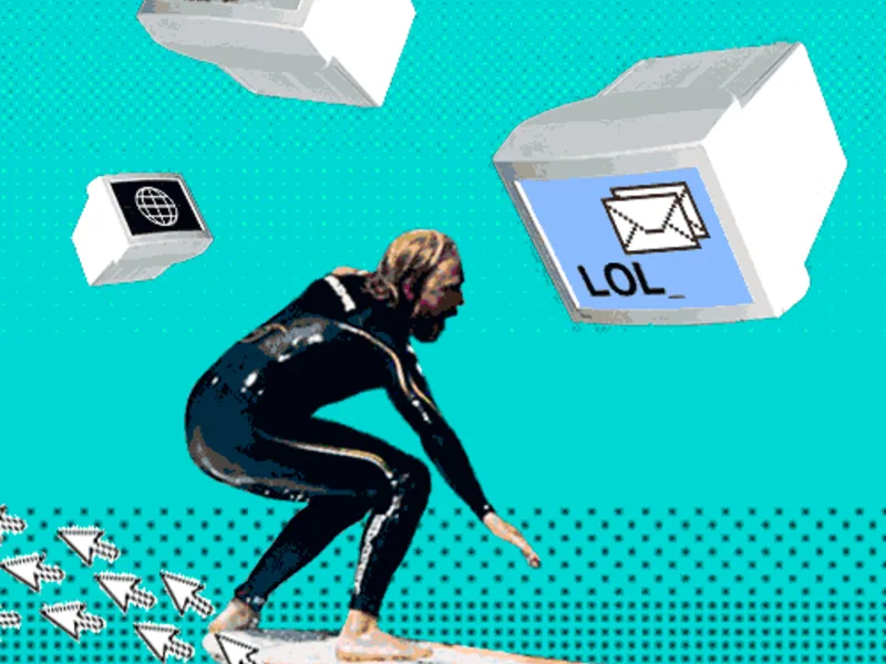 Illustration pop d'une personne esquivant des cubes portant des messages