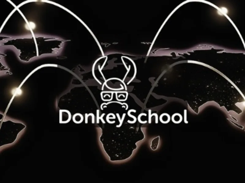 Le logo DonkeySchool sur fond noir, entouré de traînées lumineuses