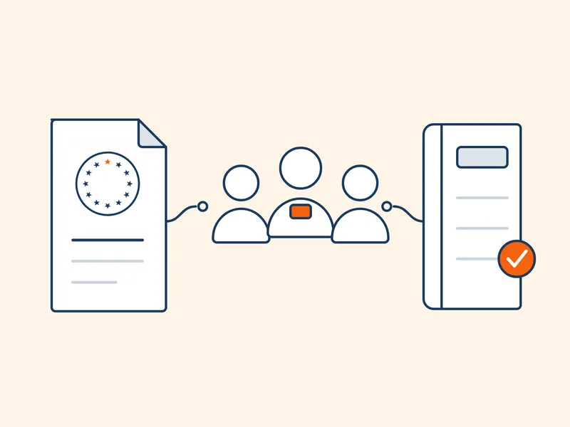 Illustration d'un texte de loi étoilé relié à un groupe de personnes et à un registre daté