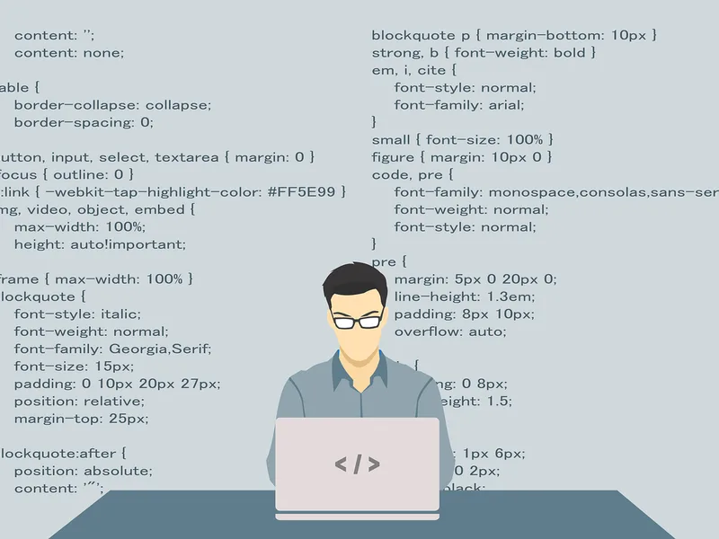 Une page de code, avec l'illustration d'un développeur à son poste