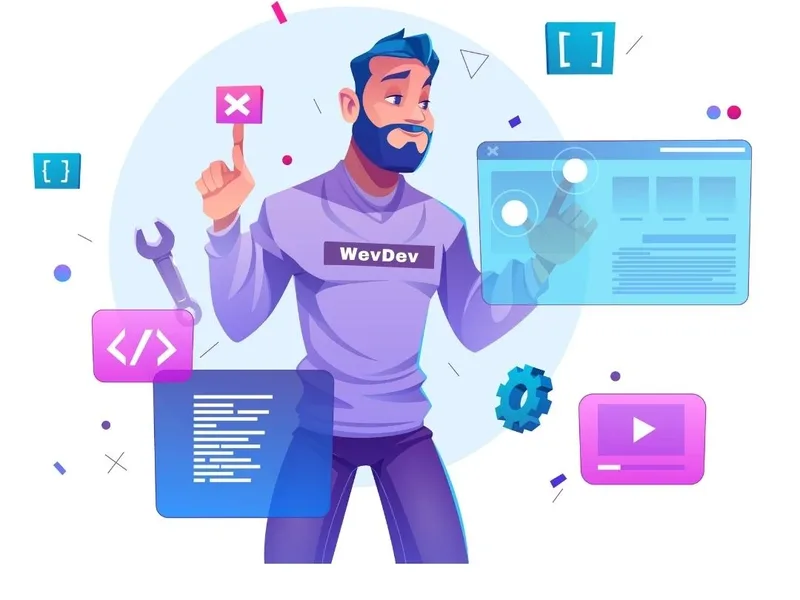 Illustration d'un développeur entouré de fenêtres de code et d'outils