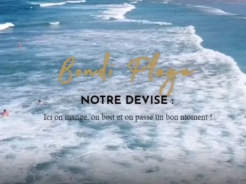 Page d'accueil du restaurant Bondi Plage, sur une photo de bord de mer
